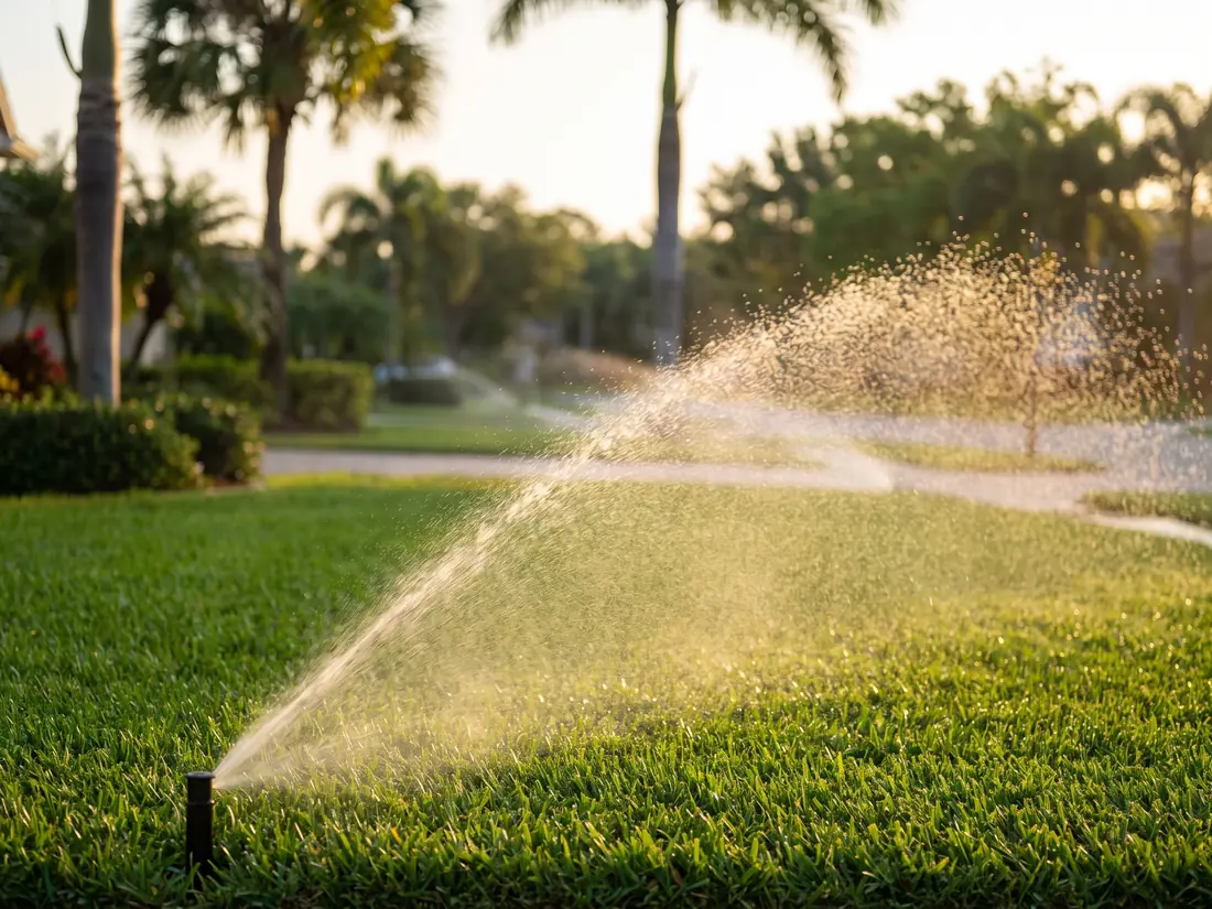 Irrigation sprinkler head watering a lawn and planting bed