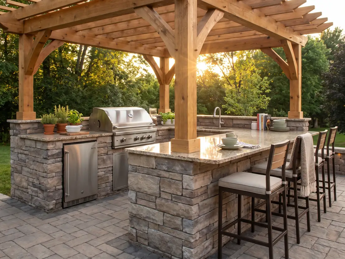 Built-in outdoor kitchen with grill and stone counter under a covered lanai