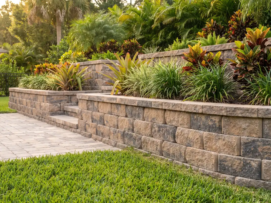 Segmental retaining wall holding back a landscaped berm